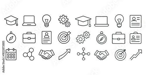 Set of education and business icons including graduation, technology, and success symbols