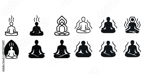 Variety of meditation icon designs featuring human figures in lotus position