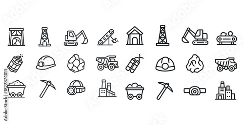 Mining industry icons set featuring equipment and machinery
