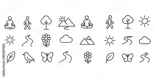 Minimalist icons set featuring nature, meditation, and movement symbols