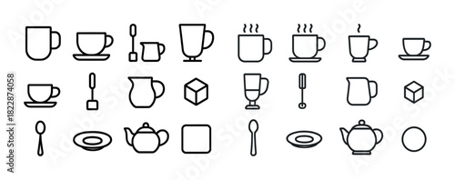 Minimalist coffee and tea icon set with cups, mugs, and teapots