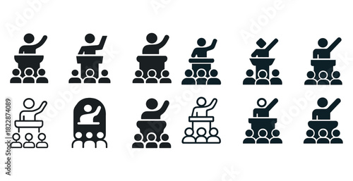 Icon set of speakers at podiums with audience in various poses
