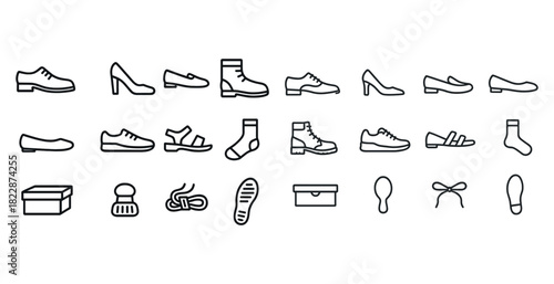 Shoe icons set: diverse footwear and accessories outline collection