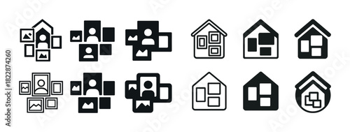 Set of digital photo gallery and home icons in black and white
