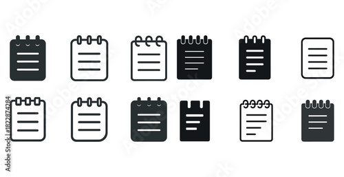 Variety of notepad icon designs: spiral, ruled, rectangular in black and white