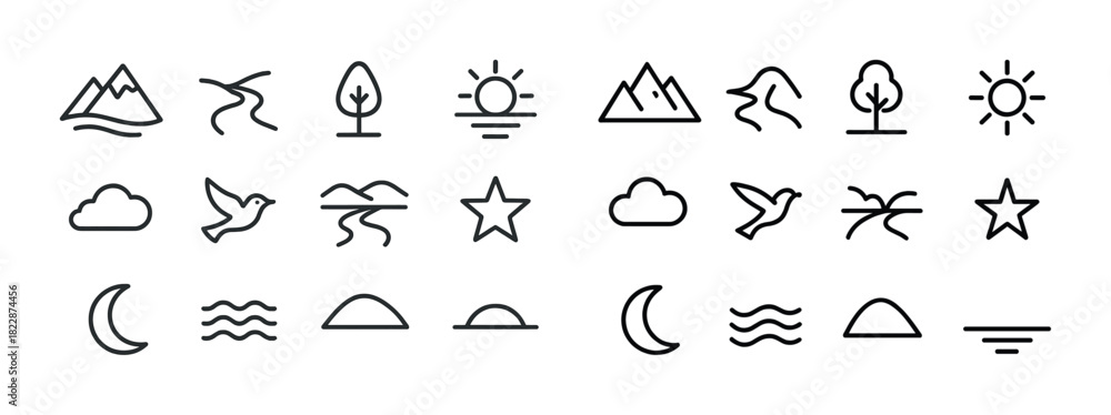 Fototapeta premium Minimalist nature icons set with mountains, sun, trees, and waves