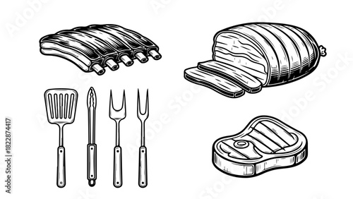 A collection of vintage-style barbecue elements including ribs, steak, roast, and grilling tools.