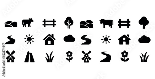 Simple black icons of nature and farm elements in minimalist design