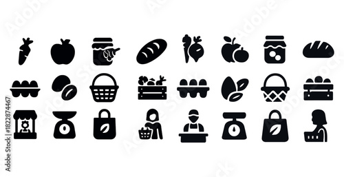 Farmers market icons: produce, baskets, scales, and more