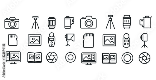 Photography equipment icons set: camera, tripod, lens, flash, monitor
