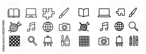Creative arts and technology icons: book laptop puzzle paintbrush music globe camera knitting magnifying glass