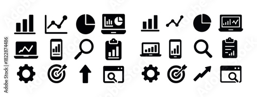 Black and white business analytics icons set for digital and print media