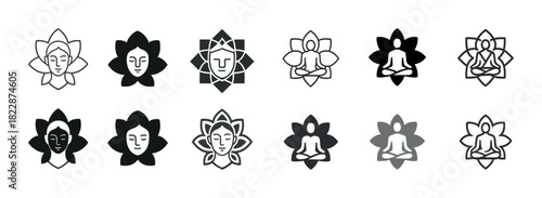 Set of lotus meditation icons featuring buddhist faces and yoga poses