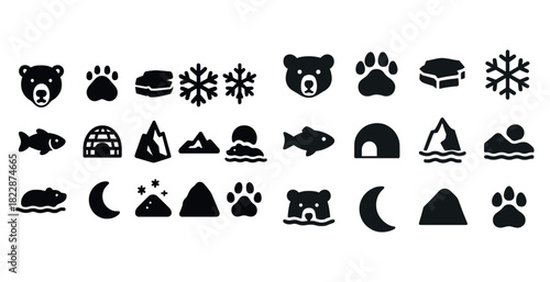 Winter bear icons set: animals, snowflakes, mountains, igloos, fish