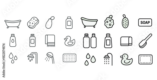 Black and white bath icons: tubs, soap, towels, duck, shower heads