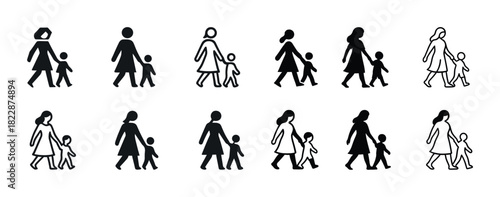 Collection of mother and child walking icons in various styles