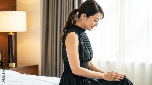 ホテルのベッドに座り微笑む黒いドレスの上品な日本人女性