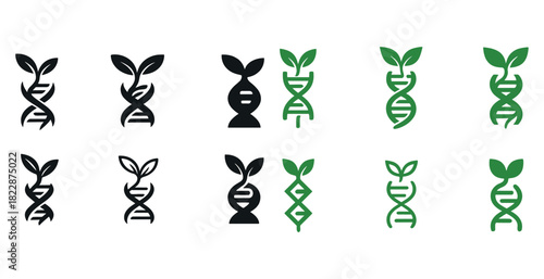Green dna helix icons with leaf growth concept in black and green