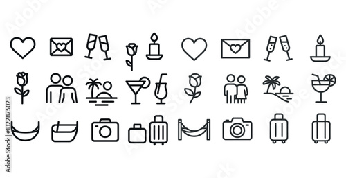 Romantic vacation icons: heart, rose, sunset, cocktail, luggage