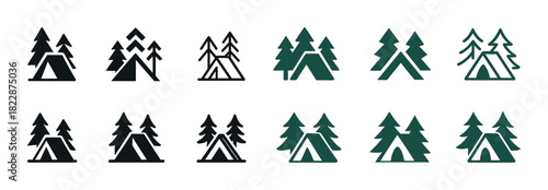 Variety of tent and pine tree icons in different styles and colors