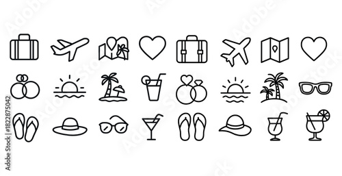 Travel and vacation icons set featuring airplanes, hearts, maps, and sunglasses