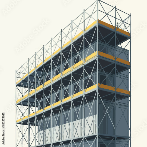 A modular building system is shown, constructed from shipping containers and scaffolding, offering a flexible and sustainable architectural solution.
