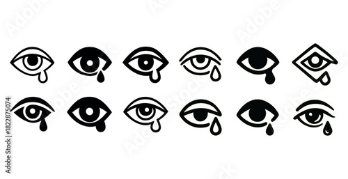 Twelve eye icons: various styles and emotions with tears
