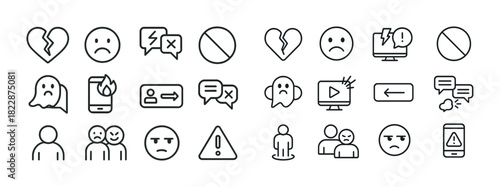 Set of 24 minimalist line icons depicting various emotions and social media symbols