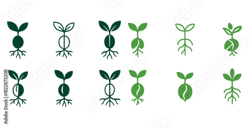 Set of twelve sprouting plant icons in various green shades