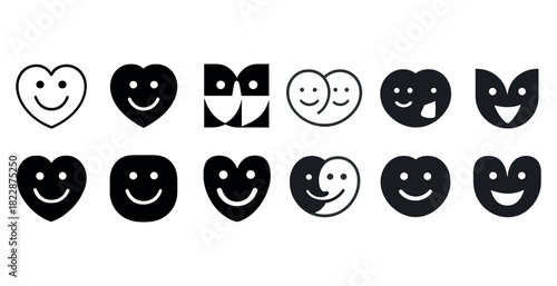 Black and white smiley face icons in varied heart and circle designs