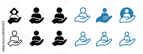Human support icons in black and blue: people in hands symbol illustrations