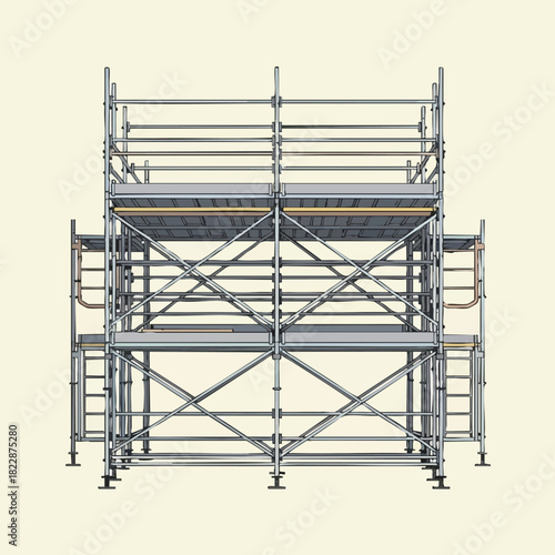 A front view of a two-tiered scaffolding structure, showcasing its metal frame and platform design against a neutral background, ideal for construction projects.