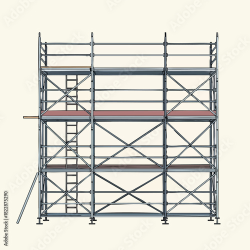 A detailed illustration showcases a three-tiered scaffolding structure, highlighting its modular design and construction elements against a clean background.