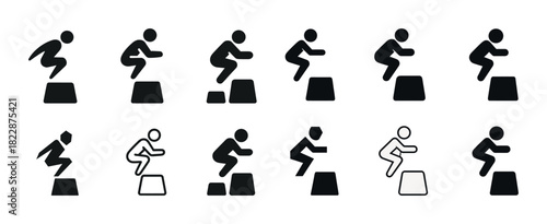 Set of stick figure jumping over obstacle icons