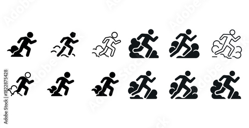 Set of running person icons in various styles expressing speed and movement