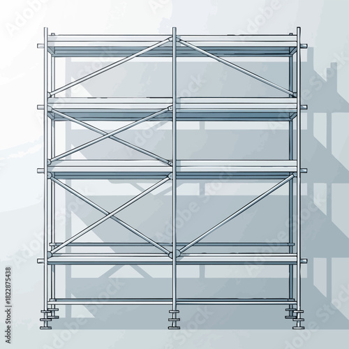 A detailed illustration showcases a scaffolding structure, highlighting its modular design and applications in construction and maintenance projects, presented on a white backdrop.