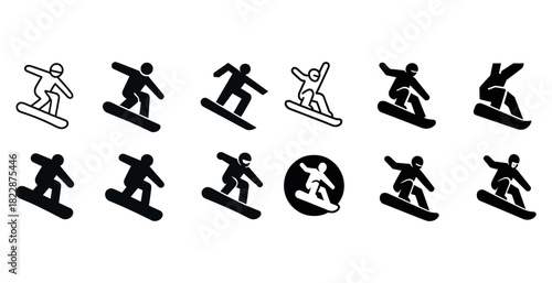 Snowboarding icon set: silhouettes and outlines of snowboarders in various poses