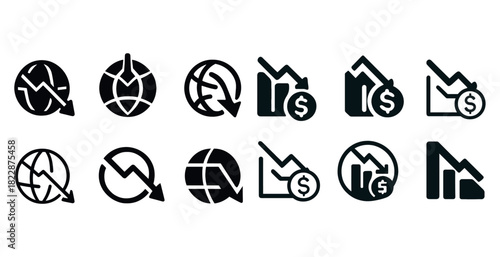 Economic downturn icons: global recession and financial decline illustrations