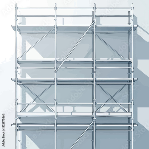 A sturdy metal scaffolding structure stands tall against a plain white wall, showcasing its modular design and essential role in construction and maintenance projects.