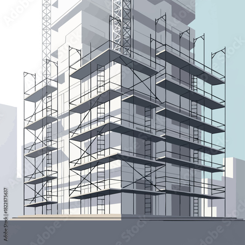 Architectural illustration of a building under construction, featuring scaffolding and a crane against a light blue sky, representing urban development.
