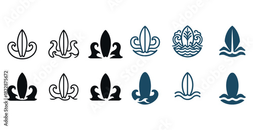 Set of decorative surfboard icons in black and blue designs