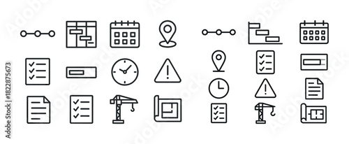 Project management icons: planning, scheduling, deadlines, construction, checklist