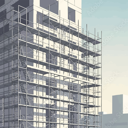 A modern high-rise building under construction, showcasing scaffolding and architectural design against a clear, sunny sky backdrop.