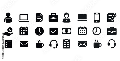 Business and office icon set featuring technology, communication, and finance symbols