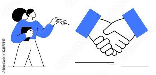 Woman holding a clipboard extending glasses toward a handshake. Ideal for teamwork, cooperation, contracts, negotiation, partnerships, networking, and alliances. Simple flat metaphor