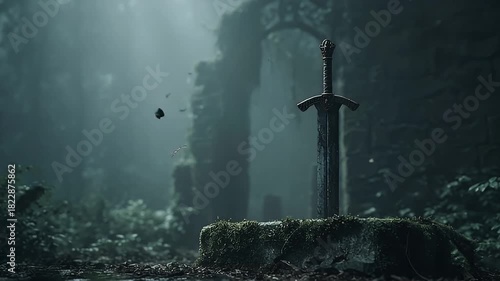 Ancient sword stuck in stone in a mystical foggy forest. 4K Video