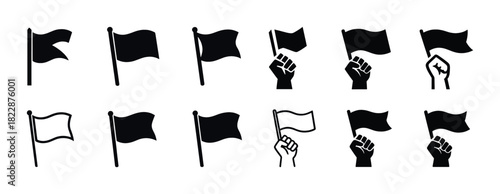 Set of black flag icons with hands holding banners