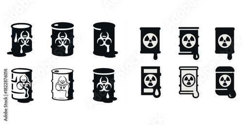 Vector icons of hazardous waste barrels with biohazard and radioactive signs