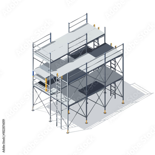 Isometric view of a metal scaffolding structure, providing elevated platforms for construction workers and maintenance tasks, with safety rails.