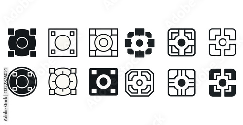 Geometric symbol collection with circular and square designs in black and white